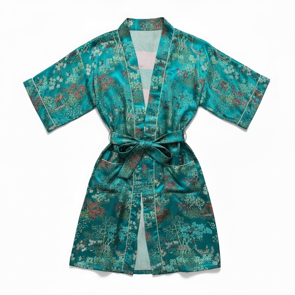 PEONY BRAND Shanghai China Kids Teal Kimono Robe Brocade Size 4 Vintage